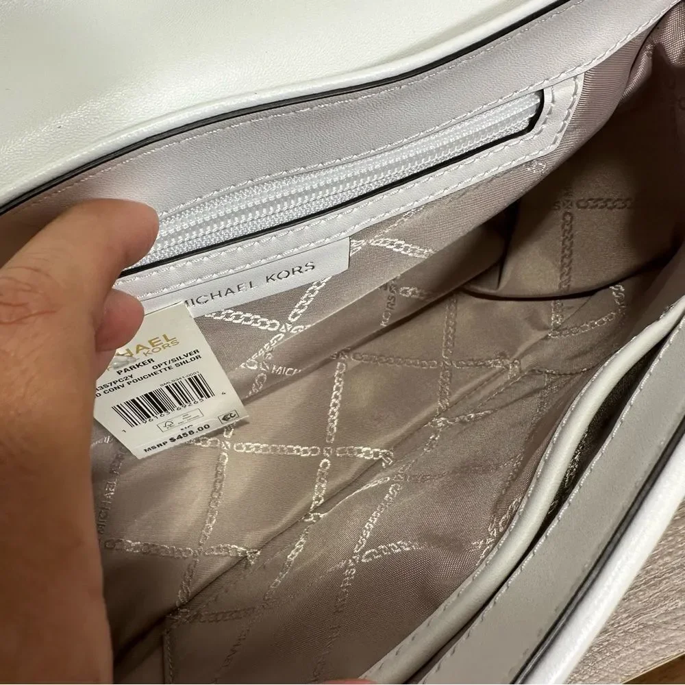 HTF MICHAEL KORS PARKER CHECK SILVER POUCHETTE CONVERTIBLE SHOULDER BAG NWT - Picture 11 of 13